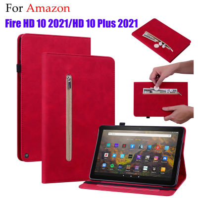 กรณีแท็บเล็ตสำหรับ Amazon Fire HD 10 2021/HD10พลัส2021หรูหราซิปกระเป๋าสตางค์พลิกปกที่มีคุณภาพสูงธุรกิจหนัง PU ยืนปลอกกรณีที่มีฟังก์ชั่นการนอนหลับ/ตื่น