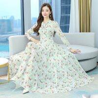 2022 new summer dresses chiffon skirt v-neck long-sleeve closed posed on holiday show thin waist temperament printing skirt 2022