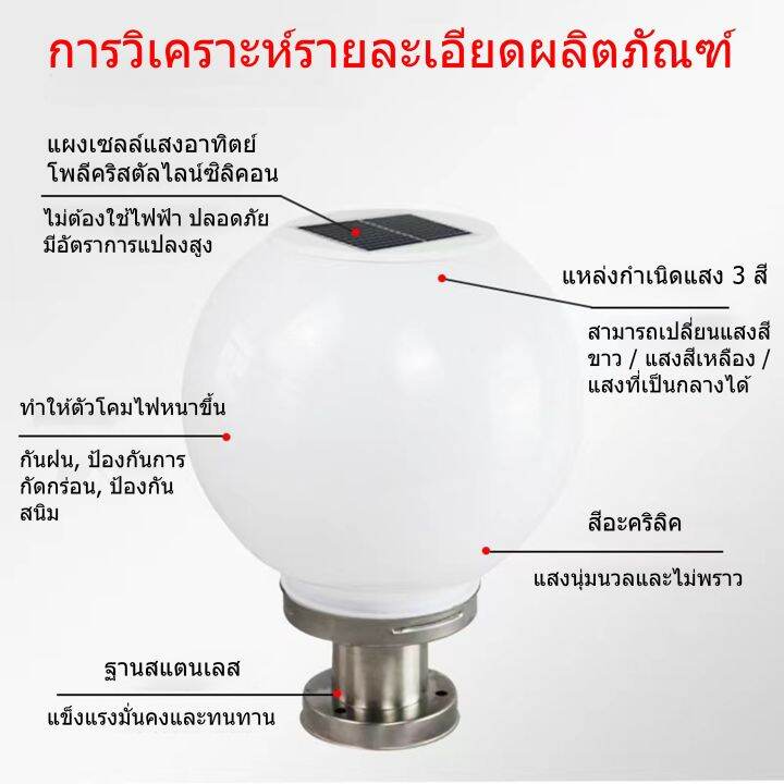 jd-ไฟทางโซล่าเซลล์-โคมไฟหัวเสา-3สีในโคมเดียว-30cm-โซล่าเซล-ไฟ-led-โซล่าเซลล์-รับประกัน-3-ปี-กันน้ำip67-โคมไฟ-โซล่าเซลล์