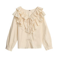 ผ้าฝ้าย Ruffled ฤดูใบไม้ผลิ Basic เสื้อ Lady Streetwear เสื้อผู้หญิงปุ่มเดี่ยว Solid er Pan Collar Top ฤดูใบไม้ร่วง Oversize