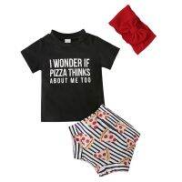 [COD] and children European summer style short-sleeved letter print T-shirt top striped hairband 3-piece childrens