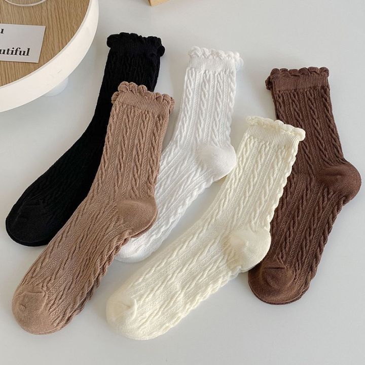 ถุงเท้าญี่ปุ่นแฟชั่น-สไตล์วินเทจ-ลายลูกไม้-ข้อกลาง-สีพื้น-สำหรับผู้หญิง