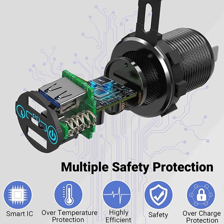 ซ็อกเก็ตที่ชาร์จในรถยนต์-12v-24v-สามขา-โลหะอลูมิเนียม-พร้อม-60w-usb-c-และ-pd3-0-two-qc3-0-พอร์ต-พร้อมสวิตช์สัมผัส