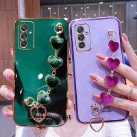 เคส FDD สำหรับ Samsung Galaxy A14ฝาครอบ5G สายข้อมือโลหะหัวใจชุบหรูหราสำหรับ A04 M13 M33โซ่ M53