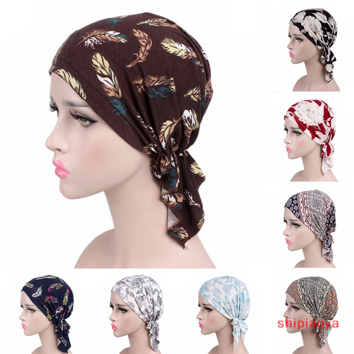 shipiaoya-หมวกคีโมโรคมะเร็งหมวกมุสลิมผู้หญิงหมวกผ้าห่อแบบยืดบีนนี่ผ้าคลุมผมผ้าพันหัว