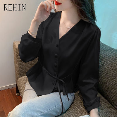 REHIN Women S Top New French Chic Irregular V-Neck Long-Sleeved Shirt Slim Waist Elegant Blouse