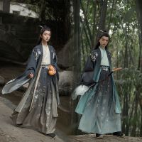 Hanfu เสื้อเสื้อสูทปักลายยาวคาดเอวแบบผู้ชายเสื้อผู้ชายสไตล์โบราณแขนยาวสองสี Han สูทสำหรับคู่รัก