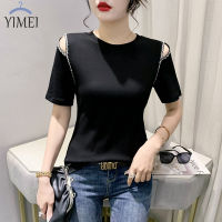 YIMEI เสื้อยืดแขนเปิดไหล่สั้นสำหรับผู้หญิงสีดำ,เสื้อลูกปัดแฮนด์เมด2023ฤดูร้อนเสื้อยืดผู้หญิงสีดำใส่ได้หลายโอกาส