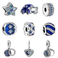 New Original Shiny Sky Blue Star Moon Flower Infinite Charm Beads Fit Pandora Charms Silver Color Bracelet Women Fashion Jewelry