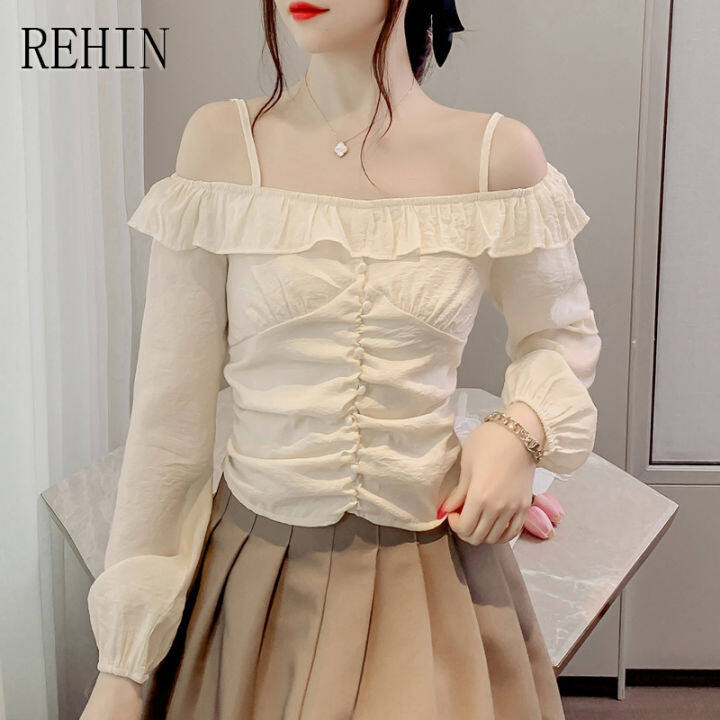 rehin-แฟชั่นใหม่ฤดูใบไม้ผลิของผู้หญิงสายคล้องเปิดไหล่แบบเรียบง่ายพร้อมคอแบบตรงเสื้อเชิ๊ตแขนยาวดีไซน์หวานแหววววว