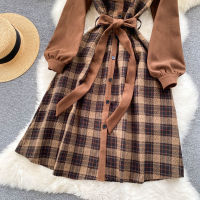 C574 Womens Autumn and Winter New Fashion Retro Plaid Shirt Dress Lace Waist Long Sleeve Single Breasted Casual Vestidos