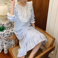 【 WYIN kitchen】 Women Lolita Dress Ruffles Blue Princess Sleepshirts Vintage Embroidered Flower Nightgowns.Victorian Nightdress Sleep Loungewear