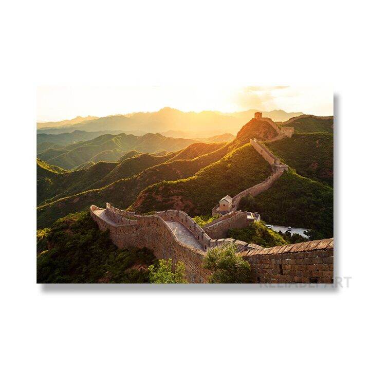 newchinese-great-wall-ภาพวาดผ้าใบ-wall-art-sunset-landscape-green-mountain-โปสเตอร์พิมพ์สำหรับห้องนั่งเล่น-wall-decor-cuadros