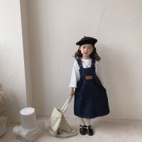 2022 Spring autumn Girls retro style suspenders denim dresses Kids fashion oversized long style dress