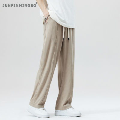 JUNPINMINGBO กางเกงสแล็คดีไซน์ใหม่ผ้าไอซ์ซิลค์แบบบางยืดได้สำหรับผู้ชายกางเกงวอร์มขาตรงระบายอากาศได้ดีฤดูร้อน
