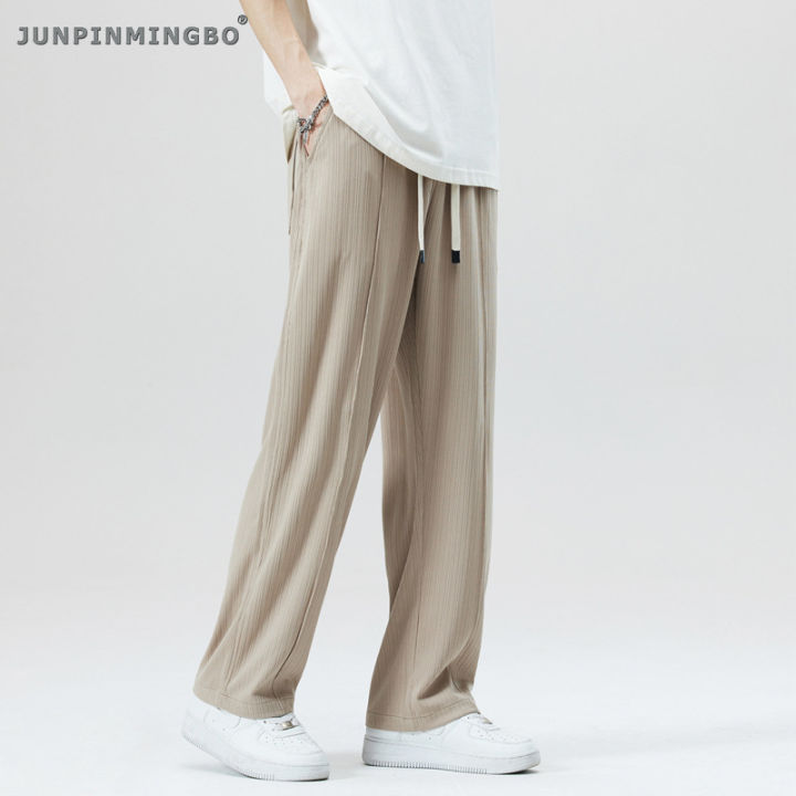 junpinmingbo-กางเกงผู้ชายหลวมสแล็คผ้าไหมไอซ์บางยืดหยุ่นได้-กางเกงวอร์มขายาวสำหรับเด็กผู้ชายกางเกงลำลองขากว้างสำหรับ2023ขายดี