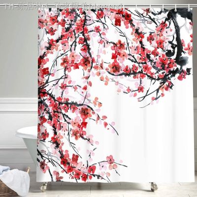 【CW】☍  Ink Flowers Shower Curtain Plum Curtains Watercolor Print Set