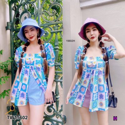 TW15602 Set 3 ชิ้น เสื้อแขนตุ๊กตาผ่าหน้า พิมลายกราฟฟิก + กางเกงขาสั้น + หมวกบัคเก็ต