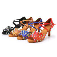 Hot Latin Dance รองเท้าผู้หญิงสำหรับเงินสีเทาซาติน Salsa Dance รองเท้าสำหรับ Shine Rhinestone Ballroom Dance Shoes