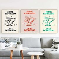 Fun Kitchen Art Print - Retro Cartoon Character Coffee Poster With More Espresso Less Depressso Quote - Canvas Painting Wall Picture Decor ซื้อทันทีเพิ่มลงในรถเข็น