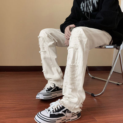 สีขาว Balck Slim Straight Hole กางเกงยีนส์เกาหลีแฟชั่นพู่ High Street n Designer Ripped Hip Hop Denim กางเกง
