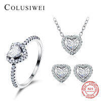 Colusiwei Authentic 925 Sterling Silver Jewelry Set Sparkling Heart Finger Rings &amp; Stud Earrings &amp; Pendant Necklace Jewelry Sets