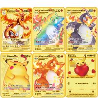 5PCS Pokemon Iron Cards Golden Metal Pokemon Shiny Letters Pikachu Mewtwo Charizard Vmax Game Collection Card Anime Metal Gifts