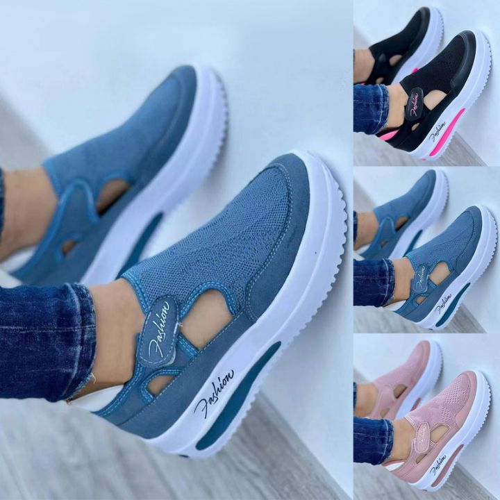 Womens Air Cushioned Sole Flying Woven Sneakers Lady Velcro Cutout Casual Platform Sports Shoes 4546