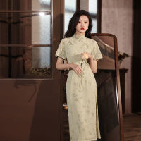 【CW】Vintage Elegant Cheongsam Dress Womens Light Green Design Party Fairy Dress Female 2022 Chinese Women Long Qipao Dre sss