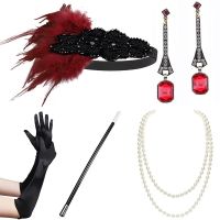 1920S Women Vintage Gatsby Feather Headband Flapper Costume Accessories Set Cigarette Holder Pearl Necklace Earring Gloves 5 Pcs