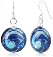 Hand Made Teardrop glass and Silver Earrings   Blue Sea Wave design