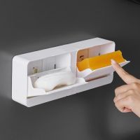 Soap Dish Drain Double Grid Soap Holder Box MultiFuction Punch-free Vertical Wall-Mounted Soap Box With Lid Without Perforation