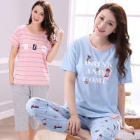 Plus Size Cotton Casual Striped Pajama Set for Women Summer Short Sleeve Sleepwear Calf Length Pant Pyjama Homewear Pijama Mujer