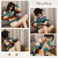 Mira_shop เสื้อแขนยาวไหมพรมลายทาง สีสันสดใส เกาหลีสไตล์  5743#