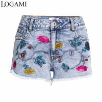 【hot】 LOGAMI Waisted Denim Shorts Floral Embroidery Woman Fashion New 2019