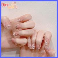 DILER Faux Fingnails เล็บปลอมแบบเฟรนช์สวมใส่ได้ทำเล็บมือยาวปานกลางกดบนเล็บที่ถอดออกได้คลุมทั้งหมดเล็บปลอมผู้หญิง