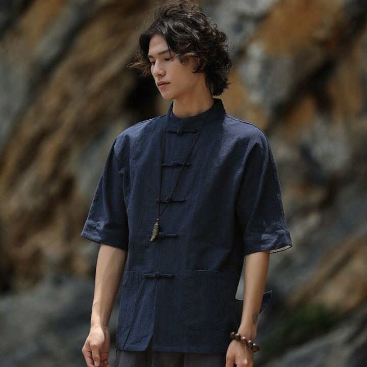 เสื้อ-hanfu-แขนสั้นผ้าลินินผ้าฝ้ายผู้ชายเสื้อผ้าสไตล์จีนแบบดั้งเดิมแจ็คเก็ตกี่เพ้าชาเซนย้อนยุคแบบตะวันออก