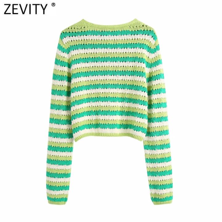 zevity-women-fashion-v-neck-fesh-contrast-striped-print-hollow-out-crochet-knitted-sweater-female-chic-cardigans-crop-tops-sw868