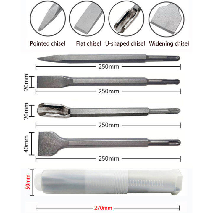 4ชิ้น-เครื่องมืองานก่อสิ่วแบบแบนมีร่องหัวเจาะสำหรับผนังคอนกรีตหินอิฐค้อนไฟฟ้าชุดสิ่วก้านสว่านเพิ่มขนาด-sds