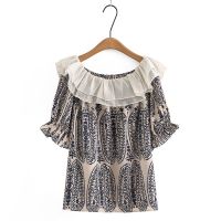 【มีไซส์ใหญ่】Plus Size XL-4XL Womens Slash Neck Summer Chiffon Shirts Vintage Printed Female Tops Ladies Elegant Top