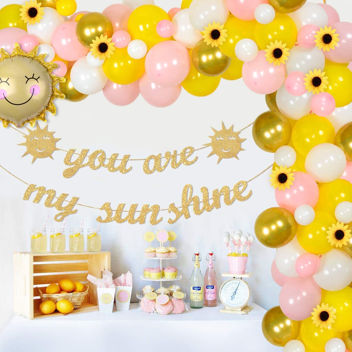 Sunflower Theme Party Decorations Balloons Garland Gold Glitter You Are My Sunshine Banner Sunflower Pom Poms Bee Theme Party Girl or Boy