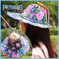 PETIBAG ปีกกว้างกว้าง หมวกแฟนซี เดินทางชายหาด พับเก็บได้ หมวกกันแดดหมวก แบบพกพาได้ สำหรับผู้หญิง ผ้าไหมไม้ไผ่ ทนทานต่อการใช้งาน