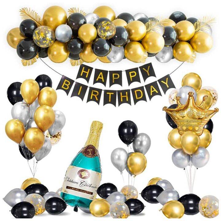 Black Gold Birthday Decoration, Birthday Balloon with Happy Birthday ...