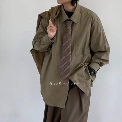ZZOOI 2022 Mens Japanese Style Fashion Trend Long Sleeves Shirts Vintage Solid Color Work Shirt Khaki Color Clothes Coats Size S-2XL