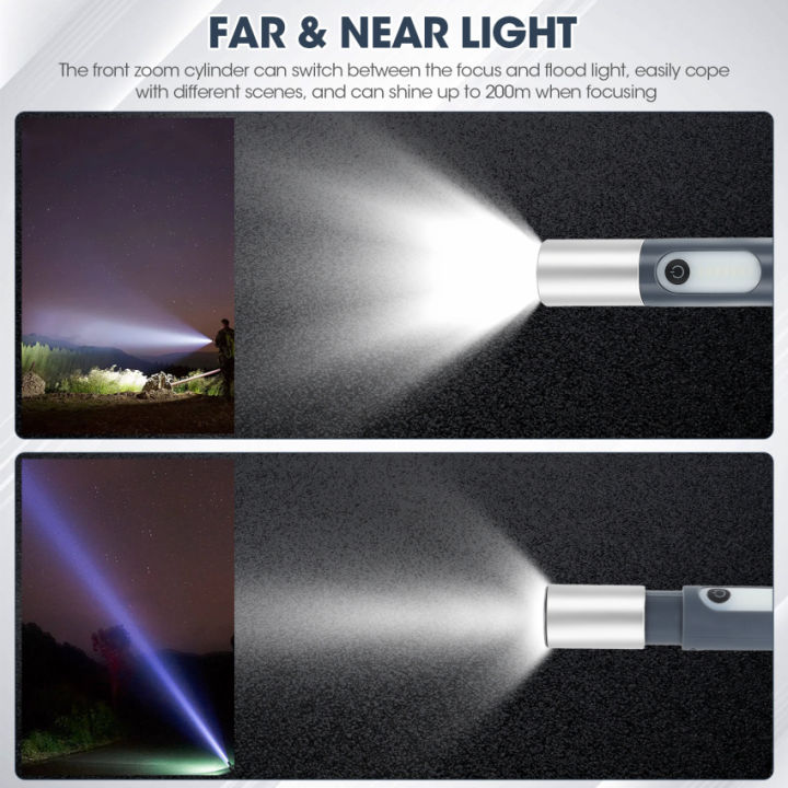 คลังสินค้าพร้อม-คบเพลิงไฟแอลอีดีสว่างมากแบบ2-in-1ไฟฉายชาร์จไฟได้1000ลูเมนโหมดไฟ4โหมดไฟสองดวงแหล่งกำเนิดแสงซูมอย่างไม่สิ้นสุดเหมาะสำหรับการตั้งแคมป์ตกปลาในกรณีฉุกเฉินสำรวจถ้ำ