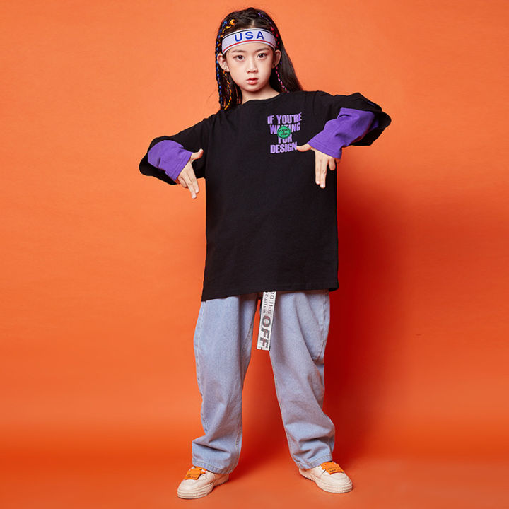 ชุดฮิปฮอปสำหรับเด็ก-hiphop-ชุดการแสดงสตรีทแดนซ์เสื้อแขนยาวชุดเต้นแจ๊สเด็กผู้หญิงชุดแฟชั่นฤดูใบไม้ร่วง