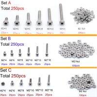 250pc/set A2 Stainless Steel M2 Cap/Button/Flat Head Hex Socket Screws Bolt With Hex Nuts Assortment Kit Mayitr