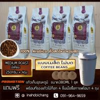 ( แบบเมล็ด ไม่บด )PREMIUM MEDIUM ROAST พรีเมียม มีเดียม โรส อาราบิก้า100%จากดอยช้าง คั่วกลาง รสชาติเข้มละมุน กาแฟคั่ว ขนาด250กรัม  x 4 ถุง