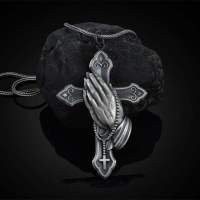 【cw】 Brocade Cross-Border Good Goods Jesus Prayer Hand Religious Style R Necklace Ancient Silver Faith Mens Pendant !