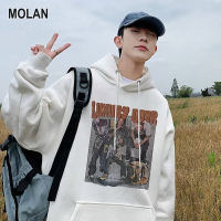 MOLAN เสื้อสเวตเตอร์แขนยาวสวมหัวผู้ชายเสื้อคลุมลำลองทรงหลวมมีฮู้ดแฟชั่นของผู้ชายเสื้อกันหนาวพิมพ์ลาย